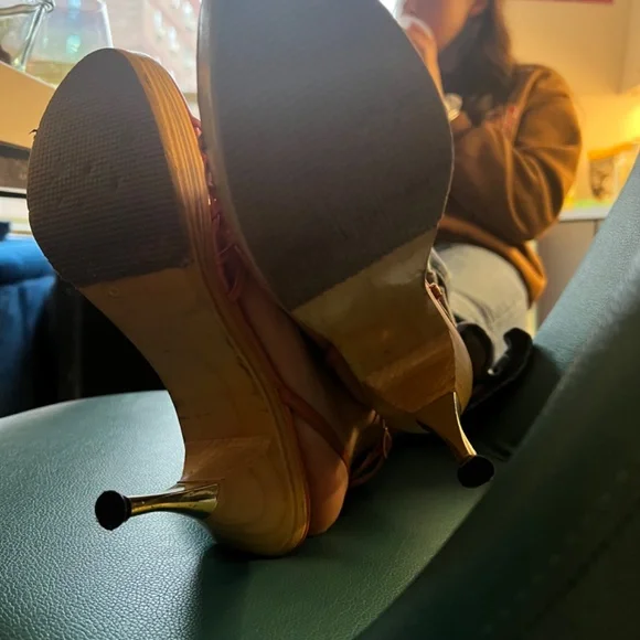 Betsy Johnson double toe strapped , wrapped around the ankle stiletto heel shoe.